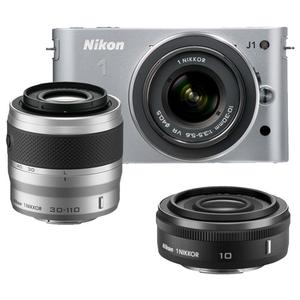 Nikon 1 J1 Digital Camera Body with 10-30mm & 30-110mm VR Lens (Silver) with 10mm f/2.8 Nikkor Lens + Cleaning Kit - Digital Cameras and Accessories - Hip Lens.com