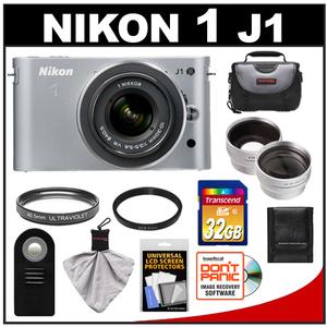 Nikon 1 J1 Digital Camera Body with 10-30mm VR Lens (Silver) with 32GB Card + Case + Filter + Remote + Wide Angle & Telephoto Lenses + Accessory Kit - Digital Cameras and Accessories - Hip Lens.com