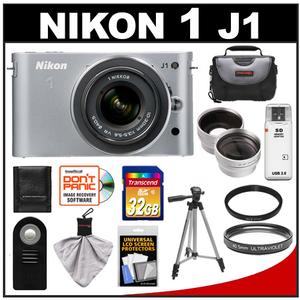 Nikon 1 J1 Digital Camera Body with 10-30mm VR Lens (Silver) with 32GB Card + Case + Tripod + Filter + Remote + Wide Angle & Telephoto Lens Kit - Digital Cameras and Accessories - Hip Lens.com