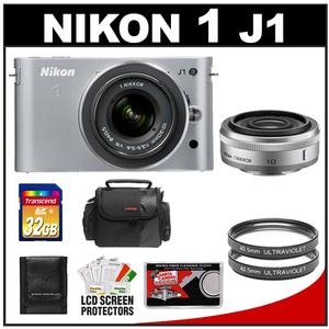 Nikon 1 J1 Digital Camera Body with 10mm f/2.8 & 10-30mm VR Lens (Silver) with 32GB Card + Case + (2) UV Filters + Accessory Kit - Digital Cameras and Accessories - Hip Lens.com