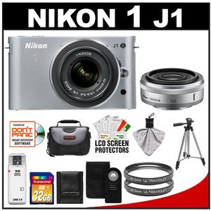 Nikon 1 J1 Digital Camera Body with 10mm f/2.8 & 10-30mm VR Lens (Silver) with 32GB Card + Case + (2) UV Filters + Tripod + Wireless Remote + Accessory Kit - Digital Cameras and Accessories - Hip Lens.com