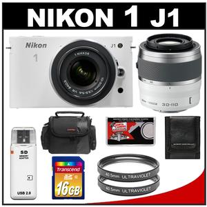 Nikon 1 J1 Digital Camera Body with 10-30mm & 30-110mm VR Lens (White) with 16GB Card + Case + (2) UV Filters + Accessory Kit - Digital Cameras and Accessories - Hip Lens.com