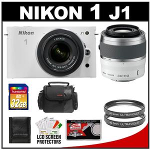 Nikon 1 J1 Digital Camera Body with 10-30mm & 30-110mm VR Lens (White) with 32GB Card + Case + (2) UV Filters + Accessory Kit - Digital Cameras and Accessories - Hip Lens.com