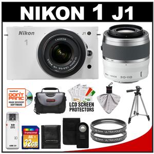 Nikon 1 J1 Digital Camera Body with 10-30mm & 30-110mm VR Lens (White) with 32GB Card + Case + (2) UV Filters + Tripod + Wireless Remote + Accessory Kit - Digital Cameras and Accessories - Hip Lens.com