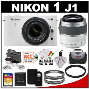 Nikon 1 J1 Digital Camera Body with 10-30mm & 30-110mm VR Lens (White) with 32GB Card + Case + (2) UV Filters + Lens Set + Wireless Remote + Accessory Kit - Digital Cameras and Accessories - Hip Lens.com