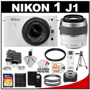 Nikon 1 J1 Digital Camera Body with 10-30mm & 30-110mm VR Lens (White) with 32GB Card + Case + (2) UV Filters + Lens Set + Tripod + Remote + Accessory Kit - Digital Cameras and Accessories - Hip Lens.com
