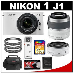 Nikon 1 J1 Digital Camera Body with 10-30mm & 30-110mm VR Lens (White) with 10mm f/2.8 Lens + 16GB Card + Case + Filters + Accessory Kit - Digital Cameras and Accessories - Hip Lens.com