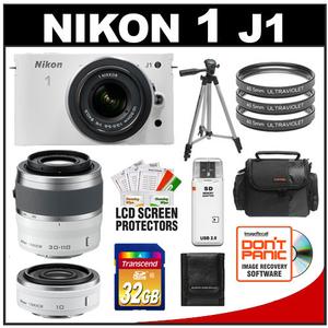 Nikon 1 J1 Digital Camera Body with 10-30mm & 30-110mm VR Lens (White) with 10mm f/2.8 Lens + 32GB Card + Case + Filters + Tripod + Accessory Kit - Digital Cameras and Accessories - Hip Lens.com