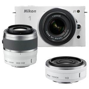 Nikon 1 J1 Digital Camera Body with 10-30mm & 30-110mm VR Lens (White) with 10mm f/2.8 Nikkor Lens + Cleaning Kit - Digital Cameras and Accessories - Hip Lens.com