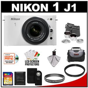 Nikon 1 J1 Digital Camera Body with 10-30mm VR Lens (White) with 32GB Card + Case + UV Filter + Lens Set + Wireless Remote + Accessory Kit - Digital Cameras and Accessories - Hip Lens.com