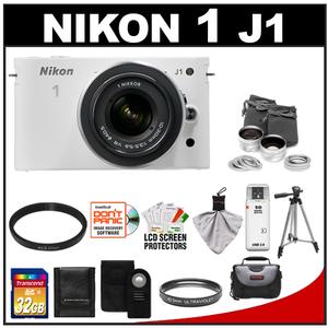 Nikon 1 J1 Digital Camera Body with 10-30mm VR Lens (White) with 32GB Card + Case + UV Filter + Lens Set + Tripod + Wireless Remote + Accessory Kit - Digital Cameras and Accessories - Hip Lens.com