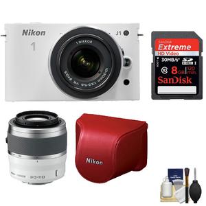 Nikon 1 J1 Digital Camera Body with 10-30mm VR Lens (White) & Red Case & 8GB Card with 30-110mm f/3.8-5.6 VR Nikkor Lens + Cleaning Kit - Digital Cameras and Accessories - Hip Lens.com
