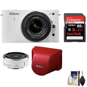 Nikon 1 J1 Digital Camera Body with 10-30mm VR Lens (White) & Red Case & 8GB Card with 10mm f/2.8 Nikkor Lens + Cleaning Kit - Digital Cameras and Accessories - Hip Lens.com