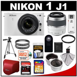 Nikon 1 J1 Digital Camera Body with 10-30mm VR Lens (White) & Red Case & 8GB Card with 30-110mm Lens + 32GB Card + Case + Filters + Tripod + Remote + Wide/Tele  - Digital Cameras and Accessories - Hip Lens.com