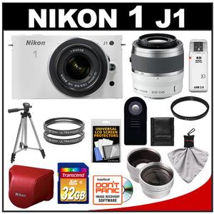 Nikon 1 J1 Digital Camera Body with 10-30mm VR Lens (White) with 30-110mm Lens + 32GB Card + Case + Filters + Tripod + Remote + Wide/Tele Lens Kit