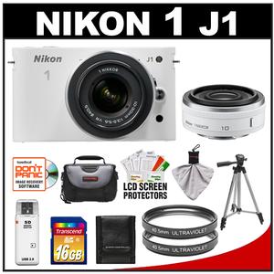 Nikon 1 J1 Digital Camera Body with 10mm f/2.8 & 10-30mm VR Lens (White) with 16GB Card + Case + (2) UV Filters + Tripod + Accessory Kit - Digital Cameras and Accessories - Hip Lens.com