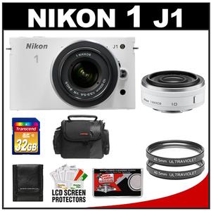 Nikon 1 J1 Digital Camera Body with 10mm f/2.8 & 10-30mm VR Lens (White) with 32GB Card + Case + (2) UV Filters + Accessory Kit - Digital Cameras and Accessories - Hip Lens.com