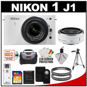 Nikon 1 J1 Digital Camera Body with 10mm f/2.8 & 10-30mm VR Lens (White) with 32GB Card + Case + (2) UV Filters + Tripod + Wireless Remote + Accessory Kit - Digital Cameras and Accessories - Hip Lens.com