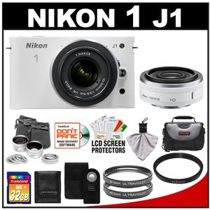 Nikon 1 J1 Digital Camera Body with 10mm f/2.8 & 10-30mm VR Lens (White) with 32GB Card + Case + (2) UV Filters + Lens Set + Wireless Remote + Accessory Kit - Digital Cameras and Accessories - Hip Lens.com