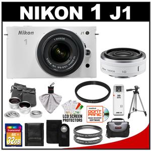Nikon 1 J1 Digital Camera Body with 10mm f/2.8 & 10-30mm VR Lens (White) with 32GB Card + Case + (2) UV Filters + Lens Set + Tripod + Remote + Accessory Kit - Digital Cameras and Accessories - Hip Lens.com