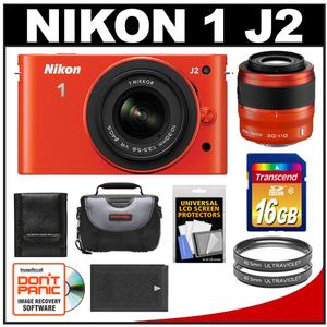 Nikon 1 J2 Digital Camera Body with 10-30mm & 30-110mm VR Lens (Orange) with 16GB Card + Case + Battery + Filters + Accessory Kit