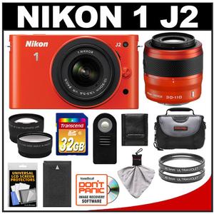 Nikon 1 J2 Digital Camera Body with 10-30mm & 30-110mm VR Lens (Orange) with 32GB Card + Case + Battery + Filters + Wide-Angle & Telephoto Lenses + Accessory Ki