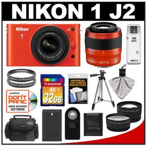 Nikon 1 J2 Digital Camera Body with 10-30mm & 30-110mm VR Lens (Orange) with 32GB Card + Case + Battery + Filters + Tripod + Wide/Telephoto Lenses + Accessory K