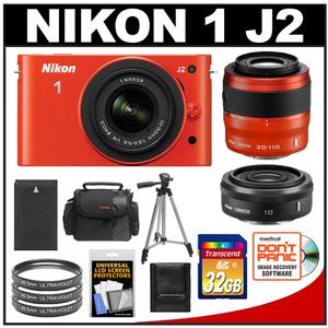 Nikon 1 J2 Digital Camera Body with 10-30mm & 30-110mm VR (Orange) + 10mm f2.8 Lens + 32GB Card + Case + Battery + Filters + Tripod + Wide/Telephoto Lens Kit