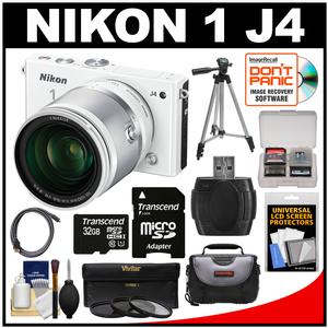 Nikon 1 J4 Digital Camera & 10-100mm VR Lens (White) with 32GB Card + Case + Tripod + 3 Filters + Kit