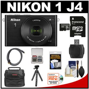 Nikon 1 J4 Digital Camera & 10-30mm PD Zoom Lens (Black) with 32GB Card + Case + Tripod & Accessory Kit