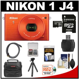 Nikon 1 J4 Digital Camera & 10-30mm PD Zoom Lens (Orange) with 32GB Card + Case + Tripod & Accessory Kit