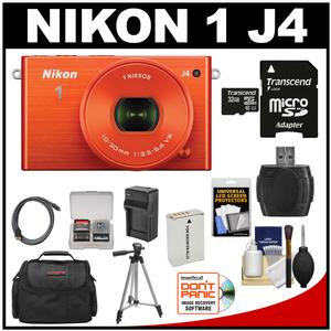 Nikon 1 J4 Digital Camera & 10-30mm PD Zoom Lens (Orange) with 32GB Card + Case + Battery & Charger + Tripod + Kit