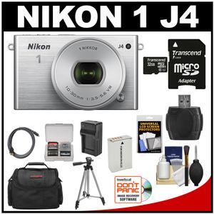 Nikon 1 J4 Digital Camera & 10-30mm PD Zoom Lens (Silver) with 32GB Card + Case + Battery & Charger + Tripod + Kit