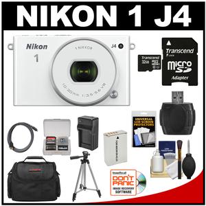 Nikon 1 J4 Digital Camera & 10-30mm PD Zoom Lens (White) with 32GB Card + Case + Battery & Charger + Tripod + Kit