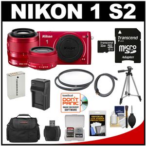 Nikon 1 S2 Digital Camera with 11-27.5mm & 30-110mm VR Lens (Red) with 32GB Card + Case + Battery & Charger + Tripod + Filters + Kit