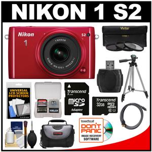 Nikon 1 S2 Digital Camera & 11-27.5mm Lens (Red) with 32GB Card + Case + Tripod + 3 Filters + Cable + Kit