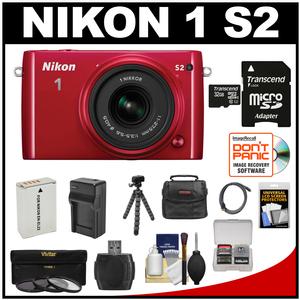 Nikon 1 S2 Digital Camera & 11-27.5mm Lens (Red) with 32GB Card + Case + Battery & Charger + Tripod + Filters + Kit