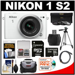 Nikon 1 S2 Digital Camera & 11-27.5mm Lens (White) with 32GB Card + Case + Tripod + 3 Filters + Cable + Kit