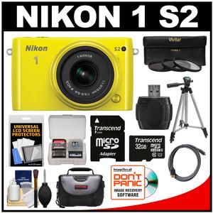Nikon 1 S2 Digital Camera & 11-27.5mm Lens (Yellow) with 32GB Card + Case + Tripod + 3 Filters + Cable + Kit