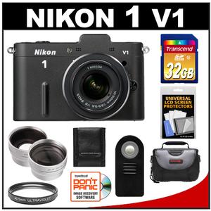 Nikon 1 V1 Digital Camera Body with 10-30mm VR Lens (Black) - Refurbished with 32GB Card + Case + Filter + Remote + Wide Angle & Telephoto Lenses + Accessory Ki - Digital Cameras and Accessories - Hip Lens.com