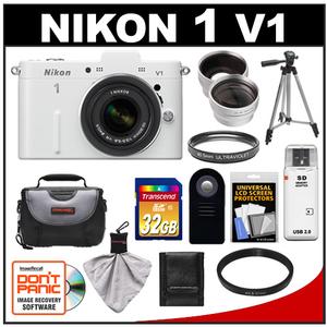 Nikon 1 V1 Digital Camera Body with 10-30mm VR Lens (White) with 32GB Card + Case + Filter + Tripod + Remote + Wide Angle & Telephoto Lens Kit - Digital Cameras and Accessories - Hip Lens.com