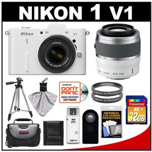 Nikon 1 V1 Digital Camera Body with 10-30mm VR Lens (White) with 30-110mm Lens + 32GB Card + Case + (2) Filters + Tripod + Remote + Accessory Kit - Digital Cameras and Accessories - Hip Lens.com