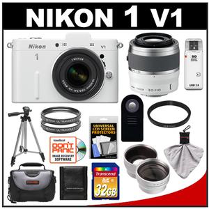Nikon 1 V1 Digital Camera Body with 10-30mm VR Lens (White) with 30-110mm Lens + 32GB Card + Case + Filters + Tripod + Remote + Wide/Tele Lens Kit - Digital Cameras and Accessories - Hip Lens.com
