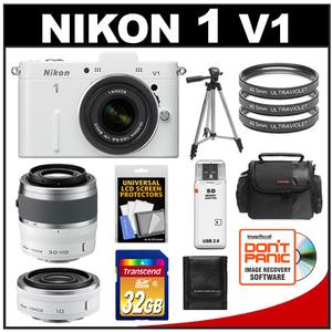 Nikon 1 V1 Digital Camera Body with 10-30mm VR Lens (White) with 10mm f/2.8 & 10-110mm Lenses + 32GB Card + Case + Filters + Tripod + Accessory Kit - Digital Cameras and Accessories - Hip Lens.com