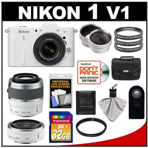 Nikon 1 V1 Digital Camera Body with 10-30mm VR Lens (White) with 10mm f/2.8 & 30-110mm Lenses + 32GB Card + Case + Filters + Remote + 2 Lens Kit - Digital Cameras and Accessories - Hip Lens.com