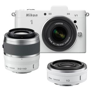 Nikon 1 V1 Digital Camera Body with 10-30mm VR Lens (White) with 10mm f/2.8 & 30-110mm Lenses + Cleaning Kit - Digital Cameras and Accessories - Hip Lens.com