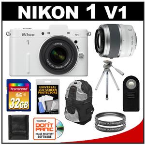 Nikon 1 V1 Digital Camera Body with 10-30mm & 30-110mm VR Lens (White) with 32GB Card + Backpack Case + Tripod + 2 Filters + Remote + Accessory Kit - Digital Cameras and Accessories - Hip Lens.com