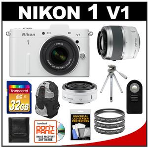 Nikon 1 V1 Digital Camera Body with 10-30mm & 30-110mm VR Lens (White) with 10mm f/2.8 Lens + 32GB Card + Backpack + Tripod + 3 Filters + Remote + Accessory Kit - Digital Cameras and Accessories - Hip Lens.com