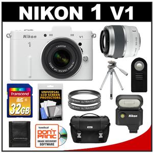 Nikon 1 V1 Digital Camera Body with 10-30mm & 30-110mm VR Lens (White) with SB-N5 Flash + 32GB Card + Case + Tripod + 2 Filters + Remote + Accessory Kit - Digital Cameras and Accessories - Hip Lens.com