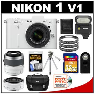 Nikon 1 V1 Digital Camera Body with 10-30mm & 30-110mm VR Lens (White) with 10mm f/2.8 Lens + SB-N5 Flash + 32GB Card + Case + Tripod + 3 Filters + Accessory Ki - Digital Cameras and Accessories - Hip Lens.com